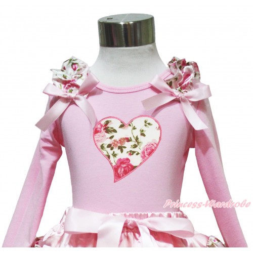 Valentine's Day Light Pink Long Sleeves Top Light Pink Rose Ruffles Light Pink Bow & Light Pink Rose Heart Print TW556