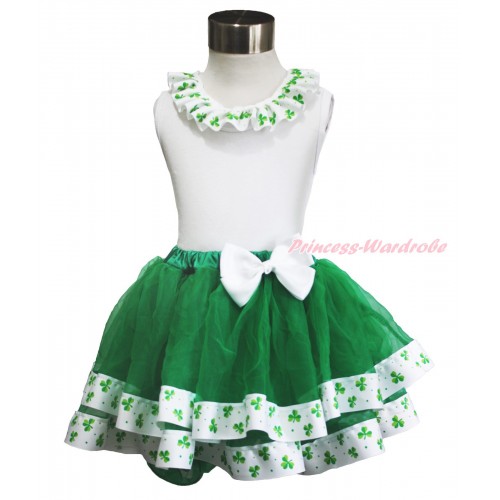 St Patrick's Day White Tank Top Clover Satin Lacing & White Bow Kelly Green Clover Satin Trimmed Tutu Pettiskirt MG1474