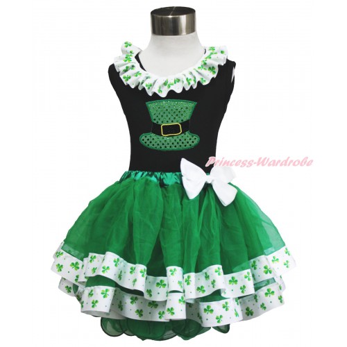 St Patrick's Day Black Tank Top Clover Satin Lacing & Sparkle Kelly Green Hat Print & White Bow Kelly Green Clover Satin Trimmed Tutu Pettiskirt MG1480