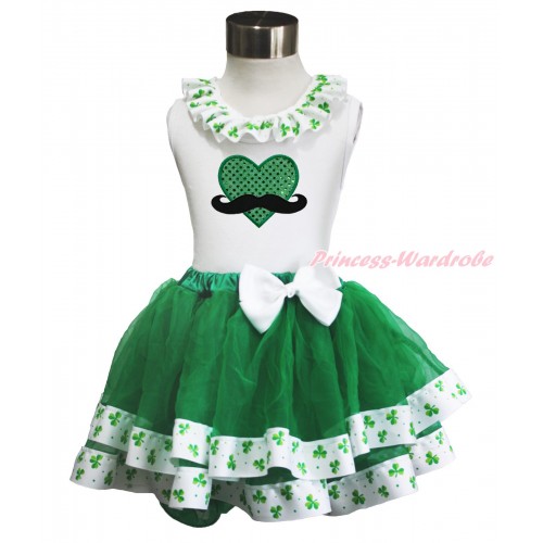 St Patrick's Day White Baby Pettitop Clover Satin Lacing & Mustache Sparkle Kelly Green Heart Print & White Bow Kelly Green Clover Satin Trimmed Tutu Newborn Pettiskirt NG1643