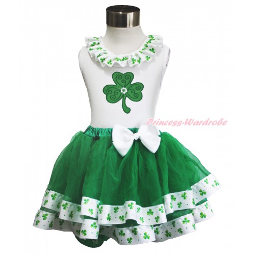 St Patrick's Day White Baby Pettitop Clover Satin Lacing & Clover Print & White Bow Kelly Green Clover Satin Trimmed Tutu Newborn Pettiskirt NG1644