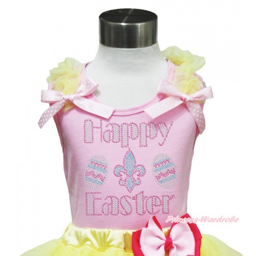Easter Light Pink Tank Top Yellow Ruffles Light Pink White Dots Bow & Rhinestone Happy Easter Print TP237