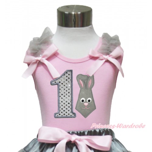Easter Light Pink Tank Top Grey Ruffles Light Pink Bow & 1st Sparkle White Birthday Number Grey Rabbit Print TP244