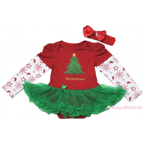 Christmas Max Style Snowflakes Long Sleeve Red Baby Bodysuit Kelly Green Pettiskirt & My Christmas Tree Painting JS4934