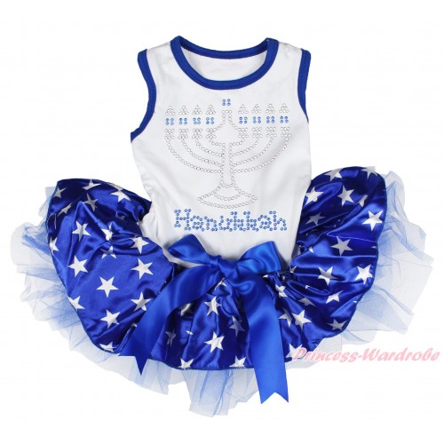 White Sleeveless Royal Blue Patriotic American Star Gauze Skirt & Sparkle Rhinestone Hanukkah Print & Royal Blue Bow Pet Dress DC218