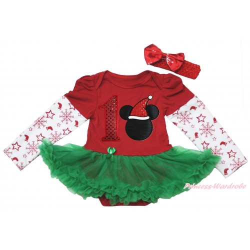 Christmas Max Style Snowflakes Long Sleeve Red Baby Bodysuit Kelly Green Pettiskirt & 1st Sparkle Red Birthday Number & Christmas Minnie Print JS4933