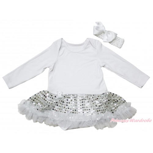 White Long Sleeve Baby Bodysuit Bling Sequins Pettiskirt JS4937
