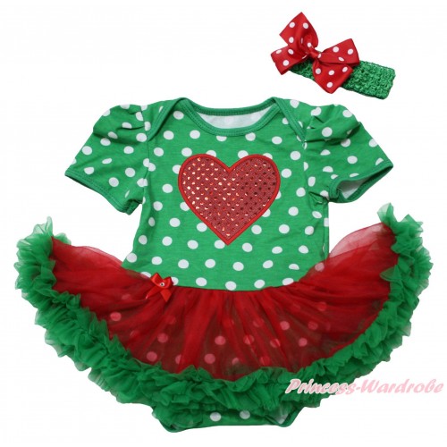 Valentine's Day Green White Dots Baby Bodysuit Red Green Pettiskirt & Sparkle Red Heart Print JS4940