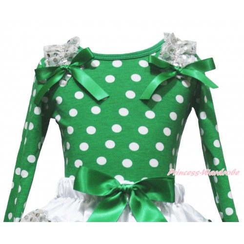 Kelly Green White Dots Top White Sequins Ruffles Kelly Green Bows TB1389