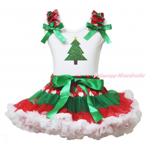 Xmas White Tank Top Red White Green Dots Ruffles Kelly Green Bows & Christmas Tree Painting & Red White Green Dots Pettiskirt MG1390