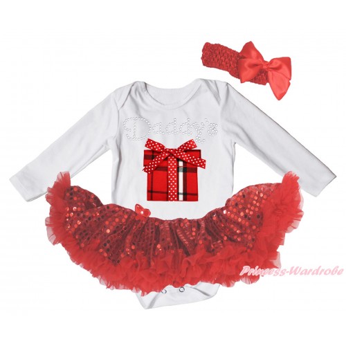 Valentine's Day White Long Sleeve Bodysuit Bling Red Sequins Pettiskirt & Sparkle Rhinestone Daddy's Gift Box Print JS4983