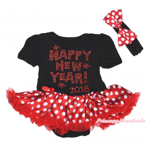 Black Baby Bodysuit Minnie Dots Pettiskirt & Sparkle Rhinestone Happy New Year 2016 Print JS4997