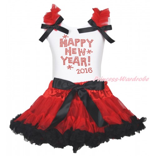 White Tank Top Red Ruffles Black Bow & Rhinestone Happy New Year 2016 Print & Red Black Pettiskirt MG1957