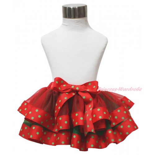 Xmas Red Kelly Green & Dots Trimmed Newborn Baby Pettiskirt & Bow N284