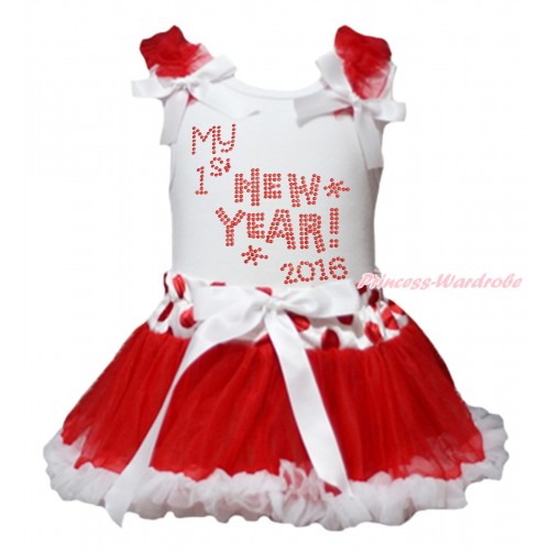 White Baby Pettitop Red Ruffles White Bows & Rhinestone My 1st New Year 2016 Print & White Red Dots Waist Newborn Pettiskirt NG1915