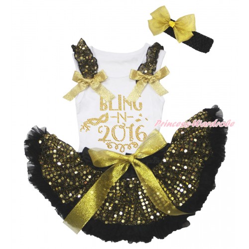 White Baby Pettitop Gold Sequins Ruffles Sparkle Gold Bows & Rhinestone Bling In 2016 Print & Gold Bling Sequins Newborn Pettiskirt NG1919