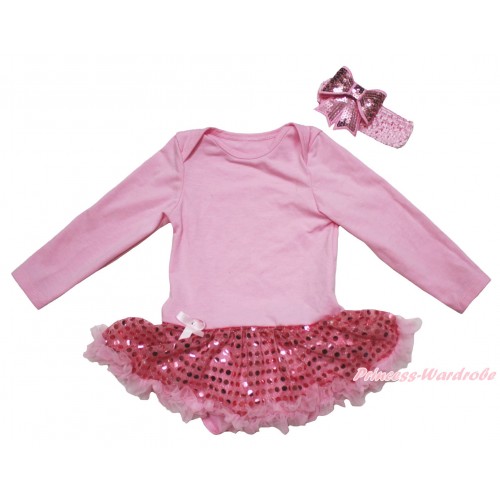 Light Pink Long Sleeve Baby Bodysuit Bling Sequins Pettiskirt JS5003
