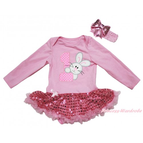 Easter Light Pink Long Sleeve Bodysuit Bling Sequins Pettiskirt & 1st Rabbit Birthday Number Print JS5006