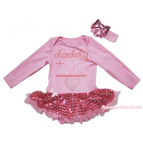 Valentine's Day Light Pink Long Sleeve Bodysuit Bling Sequins Pettiskirt & Rhinestone Daddy Plus Me Is Light Pink Heart Print JS5008