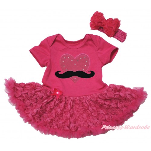 Valentine's Day Hot Pink Baby Bodysuit Hot Pink Rose Pettiskirt & Mustache Hot Pink Heart Print JS5511