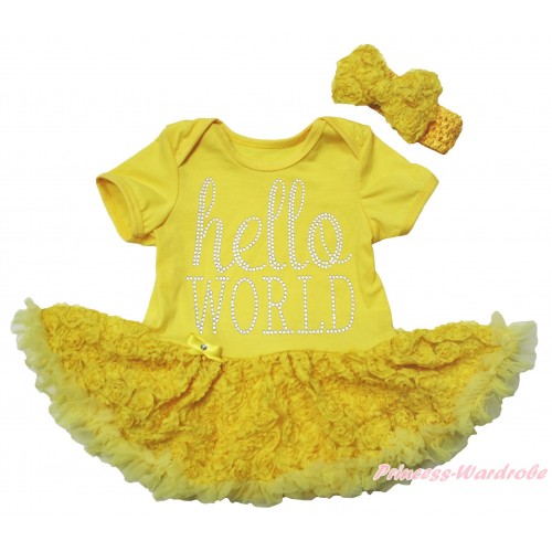 Yellow Baby Bodysuit Yellow Rose Pettiskirt & Sparkle Rhinestone Hello World Print JS5526