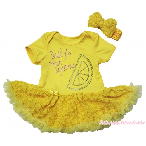 Yellow Baby Bodysuit Yellow Rose Pettiskirt & Sparkle Rhinestone Daddy's Main Squeeze Print JS5527