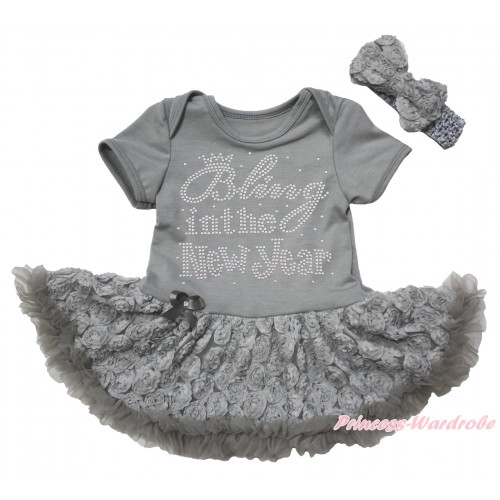 Grey Baby Bodysuit Grey Rose Pettiskirt & Sparkle Rhinestone Bling In The New Year Print JS5533