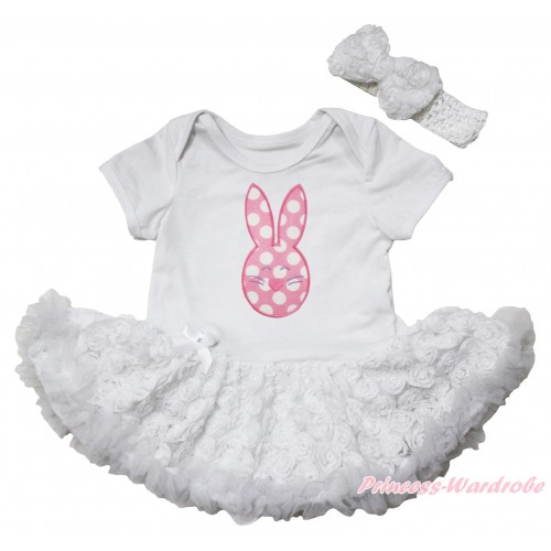 Easter White Baby Bodysuit White Rose Pettiskirt & Pink White Dots Rabbit Print JS5542