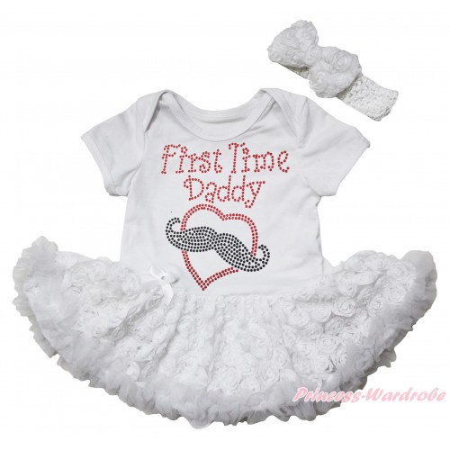 White Baby Bodysuit White Rose Pettiskirt & Sparkle Rhinestone First Time Daddy Print JS5544