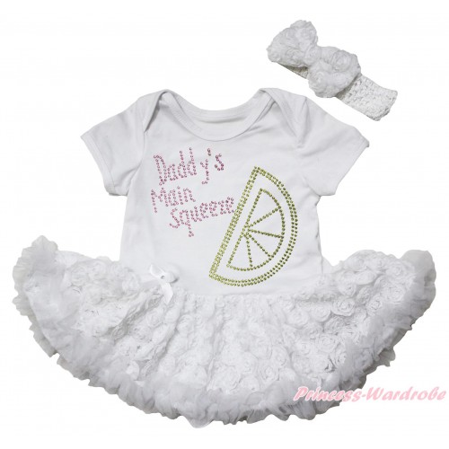White Baby Bodysuit White Rose Pettiskirt & Rhinestone Daddy's Main Squeeze Print JS5545
