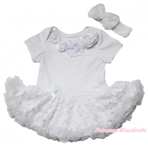 White Baby Bodysuit White Rose Pettiskirt & White Vintage Garden Rosettes Lacing JS5546