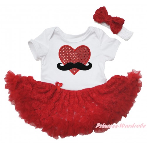 White Baby Bodysuit Red Rose Pettiskirt & Mustache Sparkle Red Heart Print JS5558