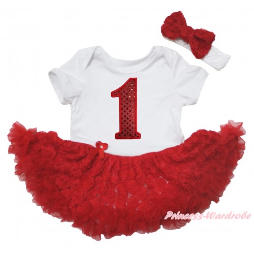 White Baby Bodysuit Red Rose Pettiskirt & 1st Sparkle Red Birthday Number Print JS5559