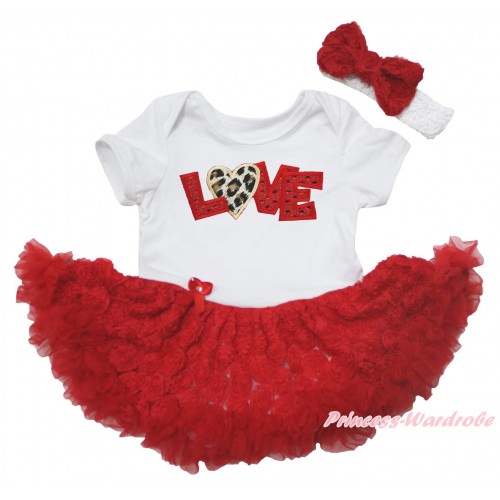 White Baby Bodysuit Red Rose Pettiskirt & Sparkle Red LOVE Leopard Heart Print JS5560