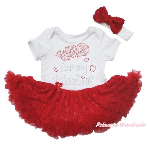 White Baby Bodysuit Red Rose Pettiskirt & Sparkle Crystal Bling Rhinestone Wild For My Valentine Print JS5562