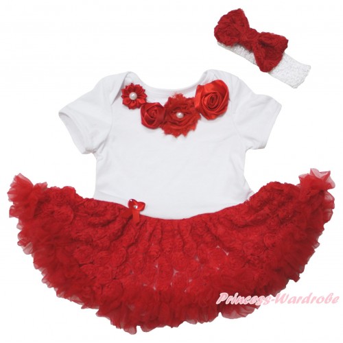 White Baby Bodysuit Red Rose Pettiskirt & Red Vintage Garden Rosettes Lacing & White Headband Red Bow JS5569