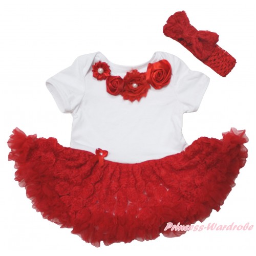White Baby Bodysuit Red Rose Pettiskirt & Red Vintage Garden Rosettes Lacing & Red Headband Bow JS5570