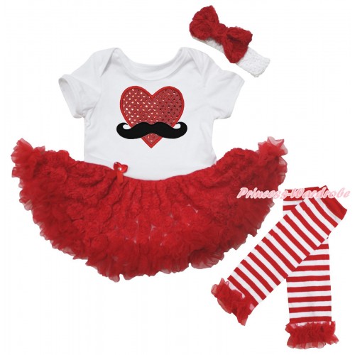 White Baby Bodysuit Red Pettiskirt & Mustache Sparkle Red Heart Print & Warmers Leggings JS5571