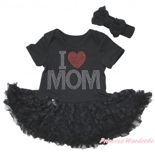 Black Baby Bodysuit Black Rose Pettiskirt & Sparkle Rhinestone I Love Mom Print JS5580