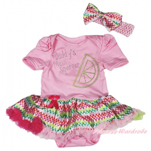 Light Pink Baby Bodysuit Jumpsuit Rainbow Wave Pettiskirt & Sparkle Rhinestone Daddy's Main Squeeze Print JS5592
