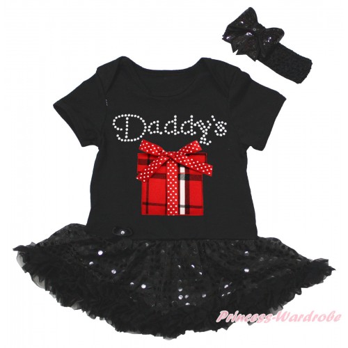 Black Baby Bodysuit Jumpsuit Bling Black Sequins Pettiskirt & Rhinestone Daddy's Red White Checked Gift Box Print JS5612