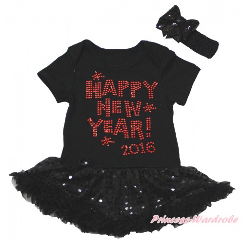 Black Baby Bodysuit Jumpsuit Bling Black Sequins Pettiskirt & Sparkle Rhinestone Happy New Year! 2016 Print JS5617