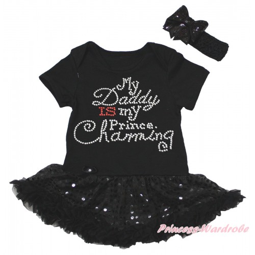 Black Baby Bodysuit Jumpsuit Bling Black Sequins Pettiskirt & Sparkle Rhinestone Daddy Is My Prince Charming Print JS5618
