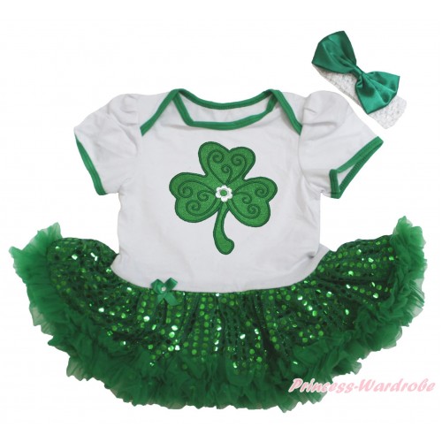 St Patrick's Day White Baby Bodysuit Jumpsuit Bling Kelly Green Sequins Pettiskirt & Clover Print JS5623