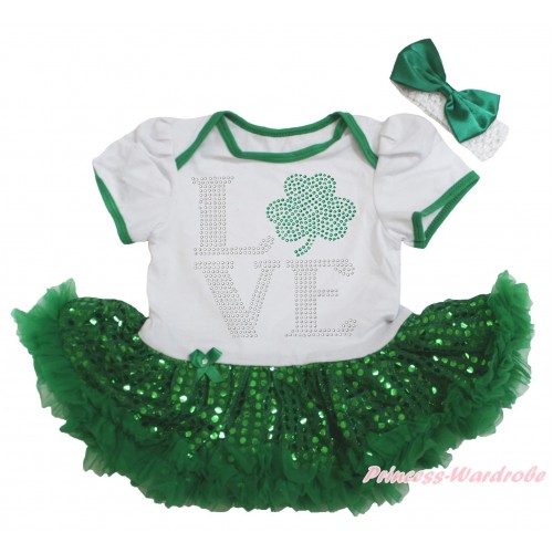 St Patrick's Day White Baby Bodysuit Jumpsuit Bling Kelly Green Sequins Pettiskirt & Sparkle Rhinestone Love Clover Print JS5624