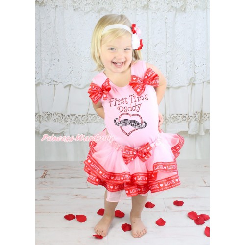 Light Pink Tank Top Red LOVE Bows & Rhinestone First Time Daddy Print & Light Pink Red LOVE Trimmed Pettiskirt MG1965