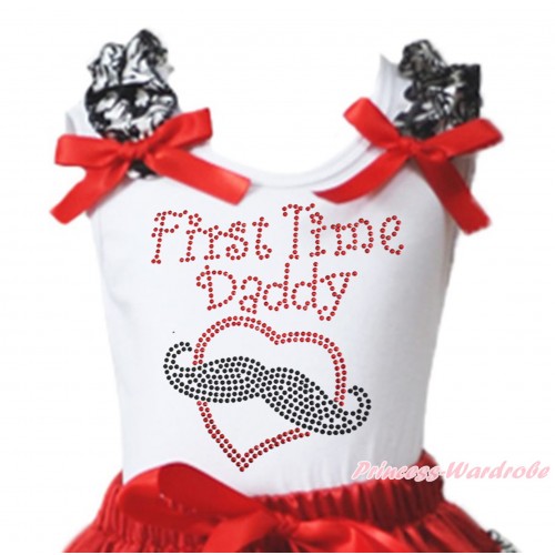 White Tank Top Damask Ruffles Red Bow & Sparkle Rhinestone First Time Daddy Print TB1413