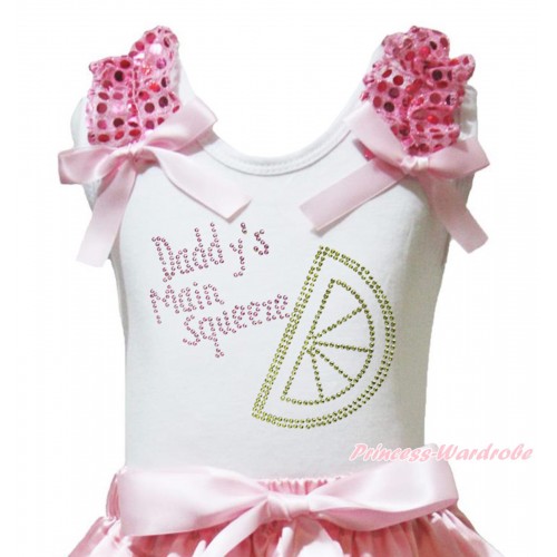 White Tank Top Light Pink Sequins Ruffles Light Pink Bow & Sparkle Rhinestone Daddy's Main Squeeze Print TB1415