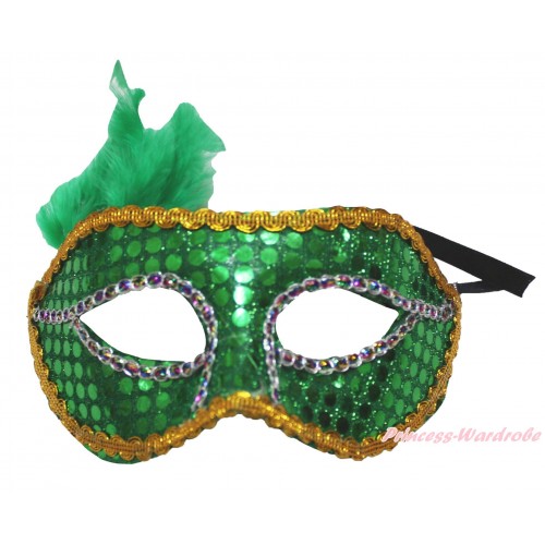 Mardi Gras Green Feather Bling Sequins Halloween Costume Face Eyes Mask C433