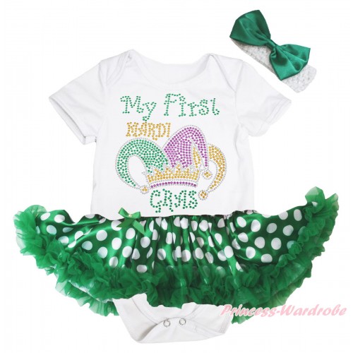 Mardi Gras White Baby Bodysuit Green White Dots Pettiskirt & Sparkle Rhinestone My First Mardi Gras Clown Hat Print JS4973